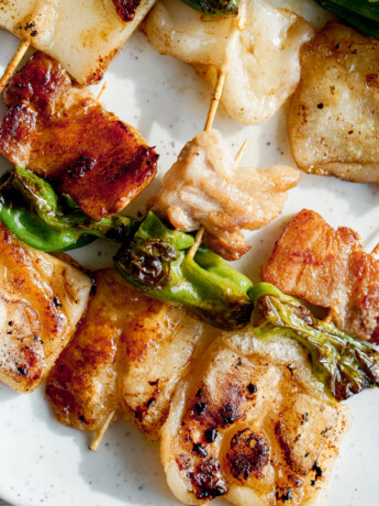 grilled mochi pork belly skewers