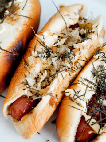 Japanese teriyaki mayo hot dog with bonito and seaweed