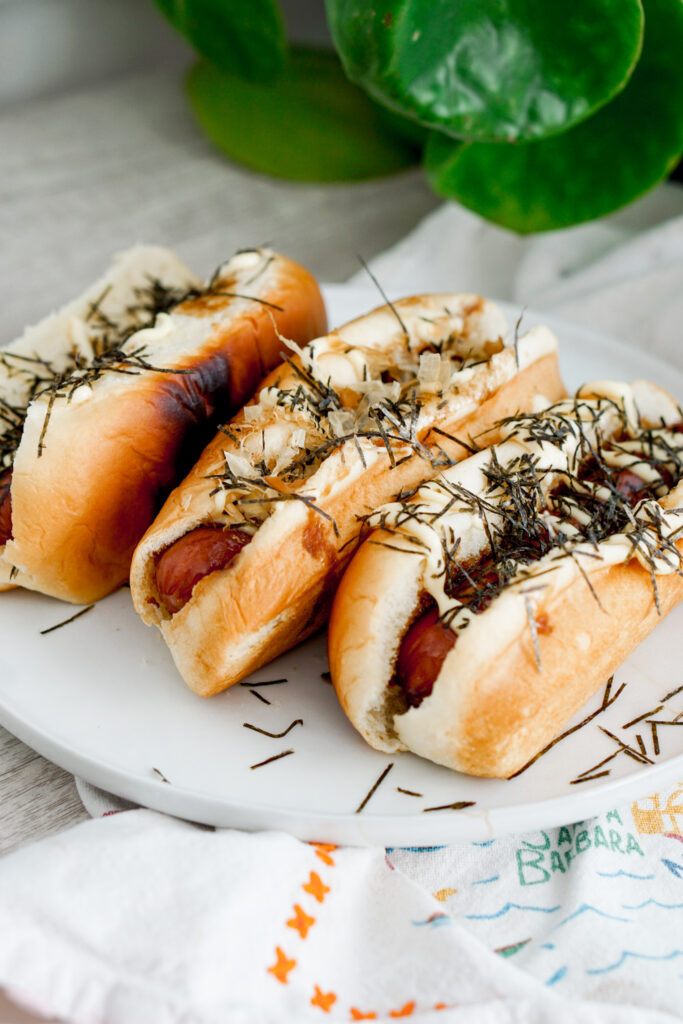 Japanese teriyaki mayo hot dog with bonito and seaweed