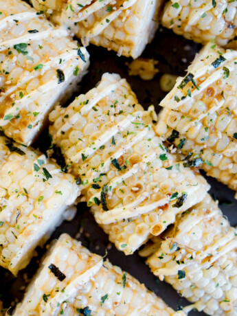 Japanese style grilled corn with miso butter, mayo, and furikake