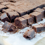 nama chocolate squares closeup dusted with cocoa powder
