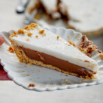 closeup of slice of chocolate haupia pie