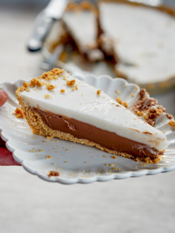 closeup of slice of chocolate haupia pie