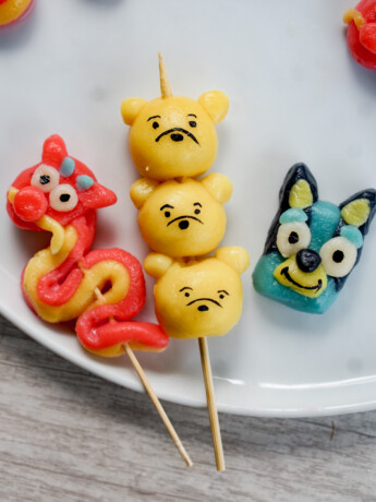 Disney mushu, Winnie the Pooh, and Bluey dango