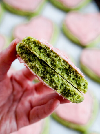 cross section view of thick and soft matcha almond cookies