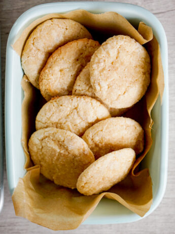 overhead shot of yuzu cookies in blue ceramic dish