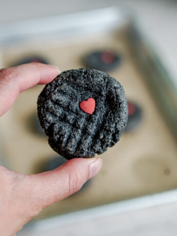 hand holding single black sesame cookie with heart sprinkle to look like the wizard of oz tin man