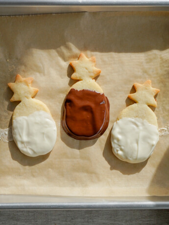 pineapple shaped macadamia nut cookies dipped in chocolate vertical shot