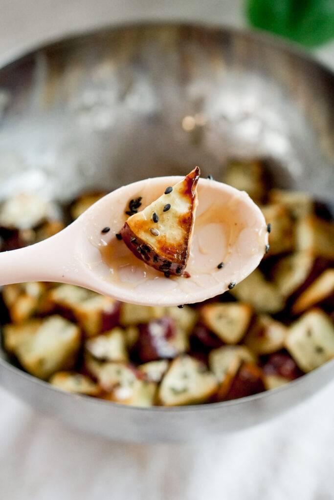 closeup of air fryer Japanese sweet potato