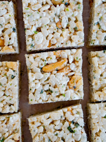 furikake rice krispies treats with rice crackers overhead shot