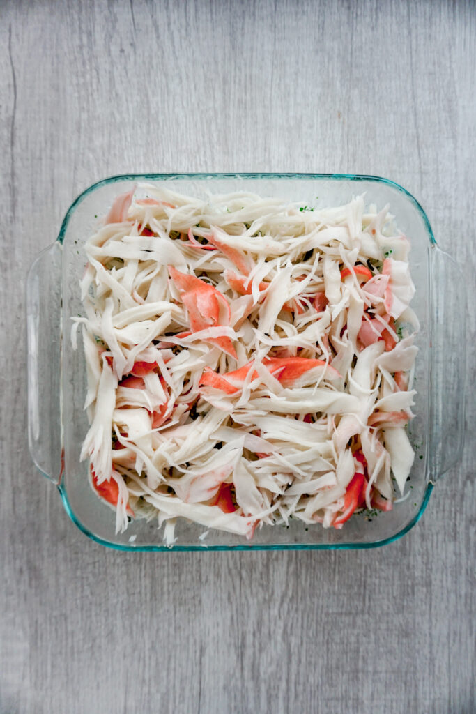 Imitation crab in pan sushi.