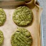 matcha pistachio cookies overhead shot on baking tray