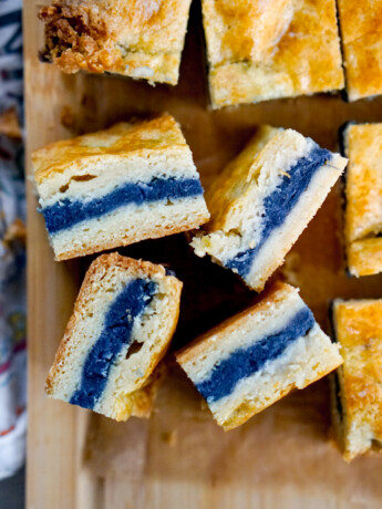 pan manju four slices cross section on cutting board