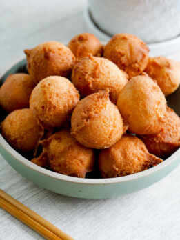sata andagi piled in a bowl