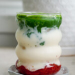 strawberry matcha latte in glass cup