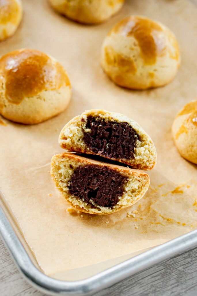 yaki manju closeup cross section showing red bean filling
